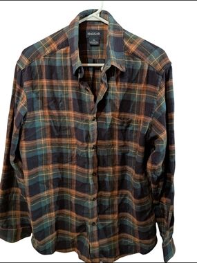 Haggar Men's Plaid Button-Down Shirt in Teal, Brown & Navy